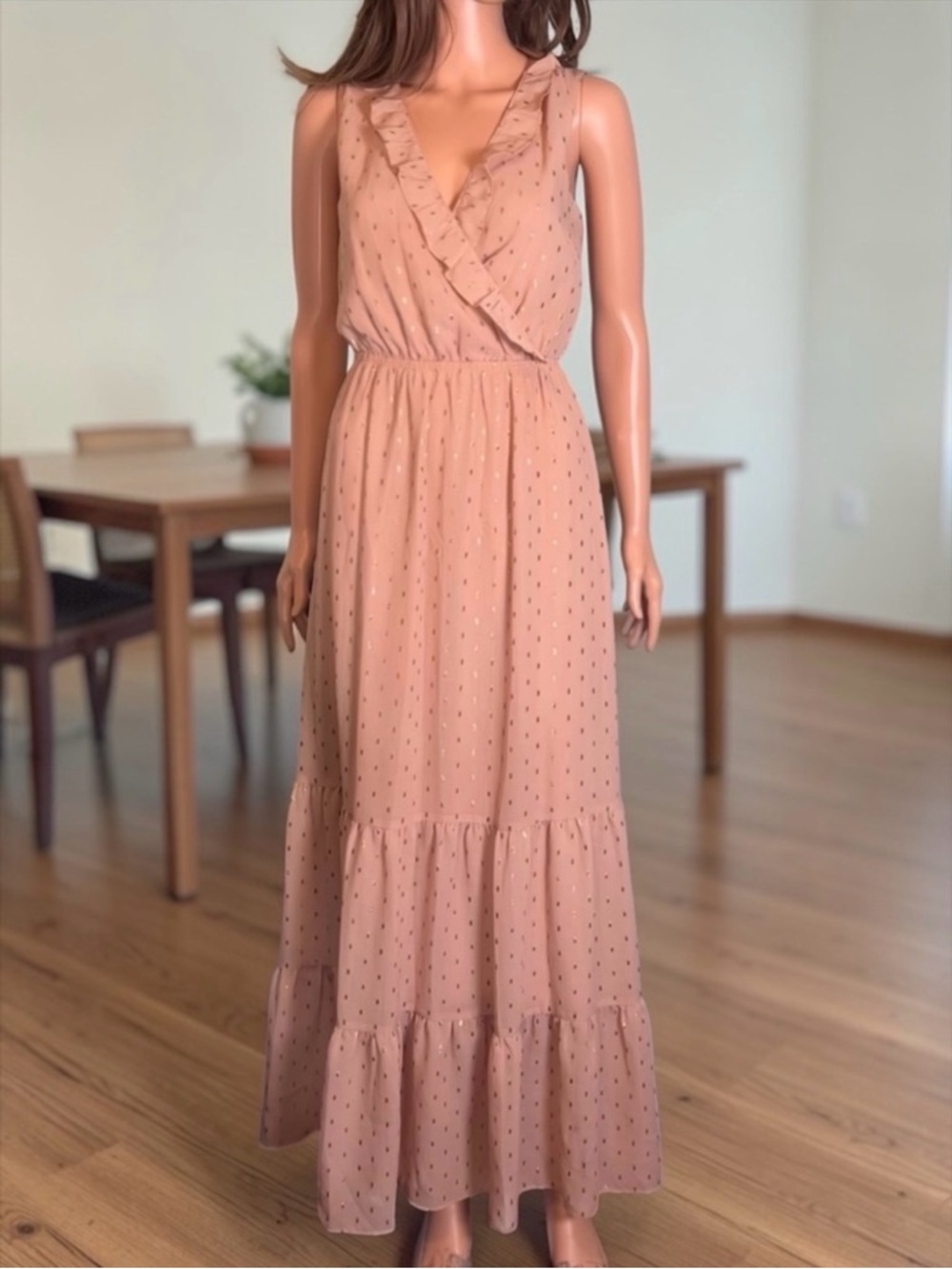 Express Dusty Rose Maxi Dress XS Ruffle Metallic Accent Elastic Waist - Picture 9 of 9